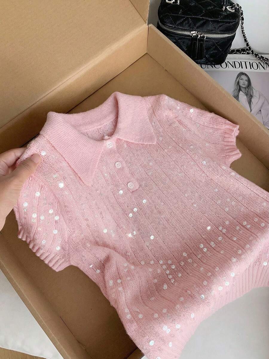 GalTyme Plus Size Sequin Decor Short Sleeve Sweater, Casual For Spring & Summer Fall - Pink - View 1