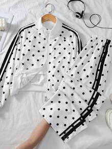 SHEIN 2件組時尚休閒街頭風女款/青少年新款白色拼接飾邊拉鍊立領夾克與寬鬆長褲套裝，適合冬季 - 白色 - 查看 8