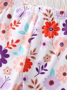 Baby Girl Comfortable Soft High Elasticity Rayon Fabric Multi-Color Floral All-Over Print Long Sleeve Crew Neck Leggings Pajama Set - Multicolor - View 4