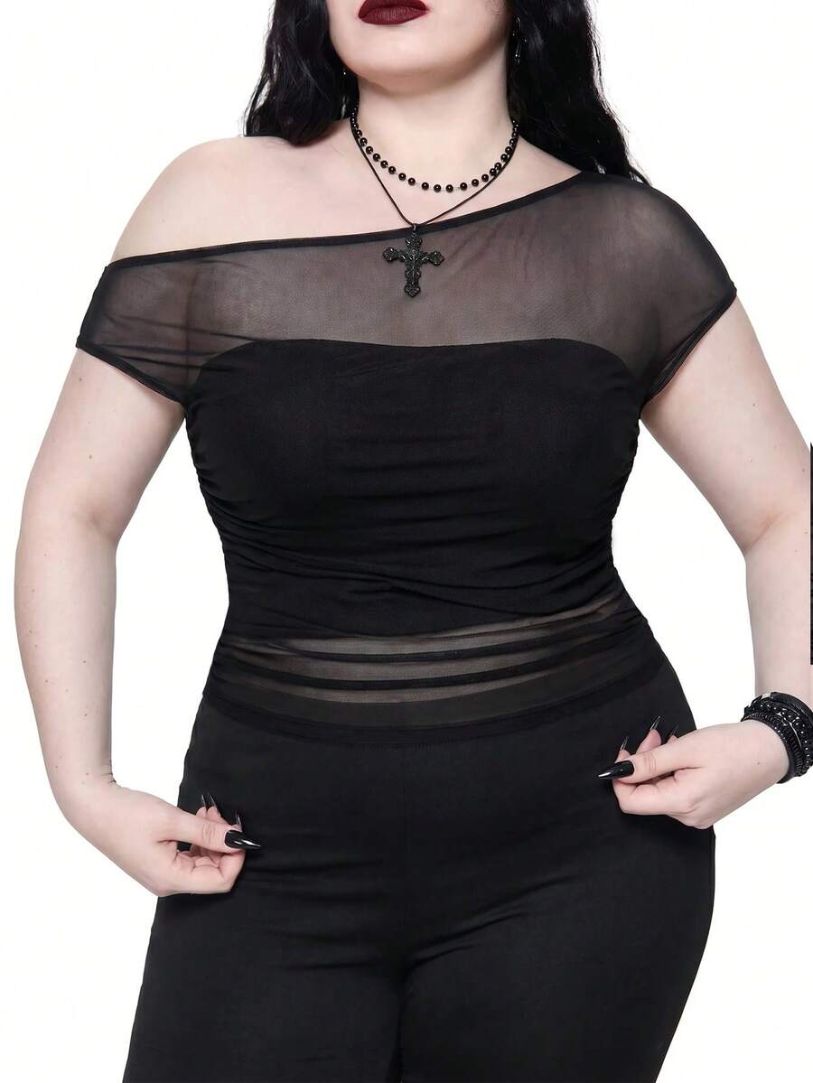 ROMWE Gothic Sheer Mesh Asymmetric Shoulder Design Plus Size Women's ...