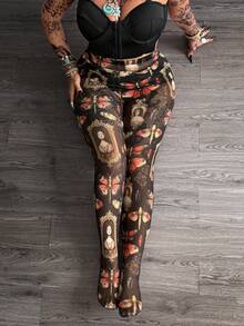 Whyspr Plus Size Women's All-Over Print Casual Versatile Daily Wear Tight-Fitting Leggings With Socks - Multicolor - View 4