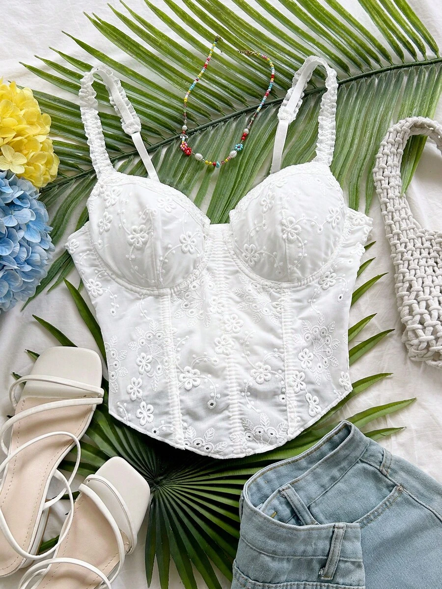 Soleia 女款燒花刺繡休閒百搭日常穿著細肩帶背心上衣 - 白色 - 查看 1