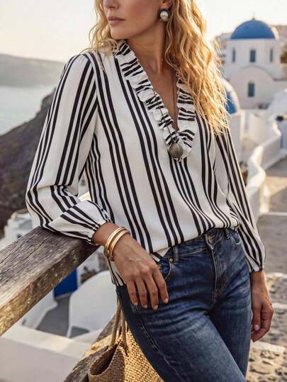 Linhara CURVE Plus Size Women's Casual Shirt, Daily & Vacation Wear, Design-Focused, Ruffle Trim, V-Neck, Lantern Sleeves, Comfortable Loose Fit, Black & White Striped Print