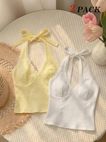 SHEIN MOD 女款蕾絲飾邊掛脖繫帶修身百搭休閒浪漫可愛日常上衣，淡黃色與白色，適合夏季度假、鄉村音樂會與外出穿搭 - 彩色 - 查看 2