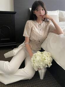 DAZY 女款韓式修身優雅夏季牛仔上衣 - 卡其色 - 查看 3