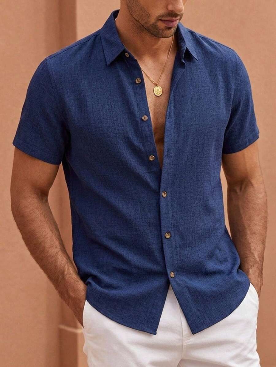 HIMLAND Mens Navy Blue Short Sleeve Linen Blend Button Down Shirt Casual Summer Top
Solid Color Short Sleeve Casual Button Up Shirt Modern Fit - Blue - View 1