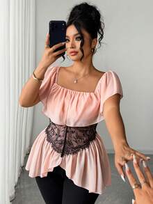 SHEIN Clasi Women's Ruffle Ruffle Lace Patchwork Asymmetrical Hem Chiffon Flowy Blouse For Vacation, Date Going Out And Party Red Summer Elegant Celestial - Dusty Pink - View 7