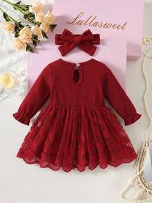 SHEIN 2件組新生兒春秋款酒紅色甜美公主風蝴蝶結蕾絲網紗拼接長袖洋裝附髮帶套裝，寬鬆舒適版型，適合日常外出、滿月宴、1歲生日派對、節日聚會、拍照拍攝 - 酒紅色 - 查看 3