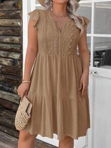 SHEIN LUNE Plus Size Summer Casual Solid Color Lace Patchwork Dress - Brown - View 4