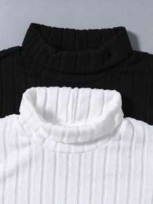 SHEIN 2pcs Letter Patched Detail Turtleneck Ribbed Tee - Multicolor - View 6