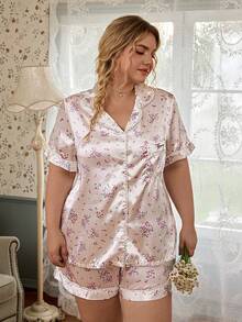 CottageSlumber Plus Size Faux Silk Pajama Set With Fresh Ditsy Floral, Lace Trim Lapel Collar Loungewear (2-Piece Set) - Multicolor - View 2