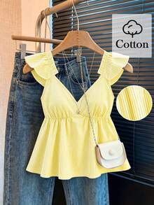 SHEIN Franclia Blue Cute Striped Ruffle Sexy Backless Low Neck Short Blouse - Yellow - View 2
