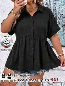 SHEIN CURVE+ 秋季大尺碼法式風格前扣鈕扣襯衫，紋理面料休閒款，2026冬季 22W - 黑色 - 查看 7