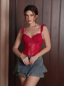 Myrelith 1pc Romantic Lace Eyelash Long Underwire Padded Bra - Burgundy - View 3