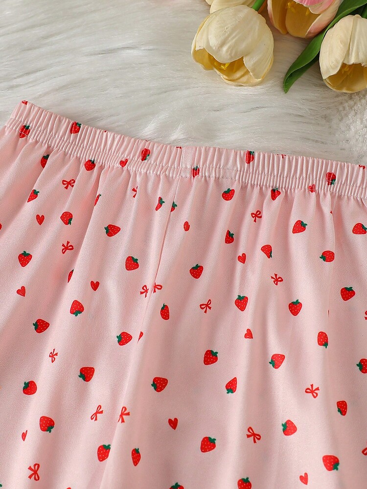 SHEIN Genkimix Kids Young Girls Strawberry Print Long Sleeve Top & Pants Set Loungewear - Coral Pink - View 7