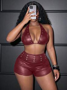 Slaydiva Elegant Summer Beach Cocktail Outfits For Women 2 Pieces Sexy Bikini Set, Burgundy - Burgundy - View 7