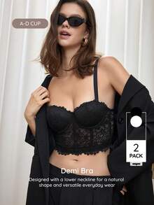 Bralution 2pcs Solid Color Lace Underwire Molded Cup Daily Romantic Elegant Sexy Women's Bra - Multicolor - View 7