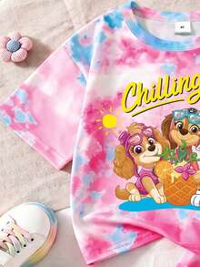SHEIN | PAW Patrol GraphicGems 女童夏季2件套 粉藍漸染可愛卡通印花短袖上衣與短褲 - 粉色 - 查看 4