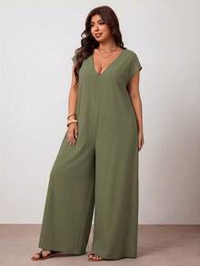 Enliva Plus Size Black Cotton Jumpsuit With Loose V-Neck And Pockets - Army Green - View 6