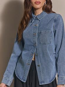 COSMINA Denim 女款休閒牛仔上衣，適合春秋白天外出，淺藍色，教師穿搭 - 藍色 - 查看 5