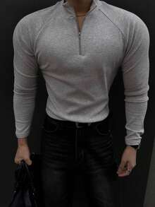 DAZY Slim Fit Half-Button Grey Letter Embroidery Raglan Sleeve Men's T-Shirt - Grey - View 8