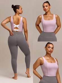 GLOWMODE FeatherFit™ Sporty Flow Crossover Back Cropped Tank With Contrast Piping & Removable Cups Low Impact Plus Size Yoga Pilates Studio Daily Active - Dusty Pink - View 8