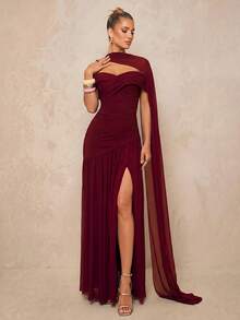 Lumalex Elegant Gray Minimalist Off Shoulder Ruched Asymmetric A-Line High Slit Dress, Suitable For Weddings, Formal Events, Galas, And Cocktail Parties Party - Burgundy - View 4