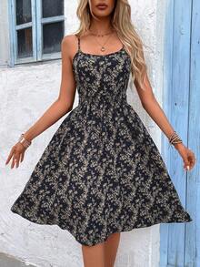 SHEIN LUNE Vacation Casual Ditsy Floral Spaghetti Strap Dress - Black - View 3