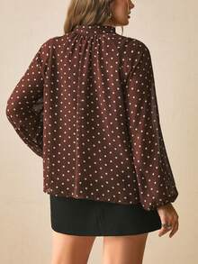 Freevana French Retro Elegant | Brown Polka Dot Sheer Chiffon Long Sleeve Blouse Neck Bow Loose Fit Top - Coffee Brown - View 6
