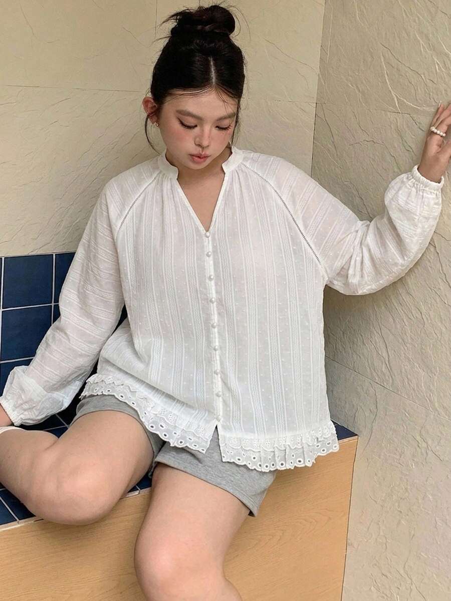 Dazy Plus 女款大尺碼連帽長袖寬鬆紋理布料蕾絲拼接休閒度假風標準版夾克 春夏 - 白色 - 查看 1