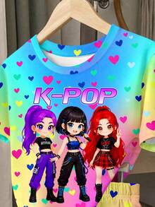 兒童青少年女孩休閒卡通女團印花 K-Pop 超級巨星 紮染短袖T恤與短褲兩件套，適合夏季 - 彩色 - 查看 5