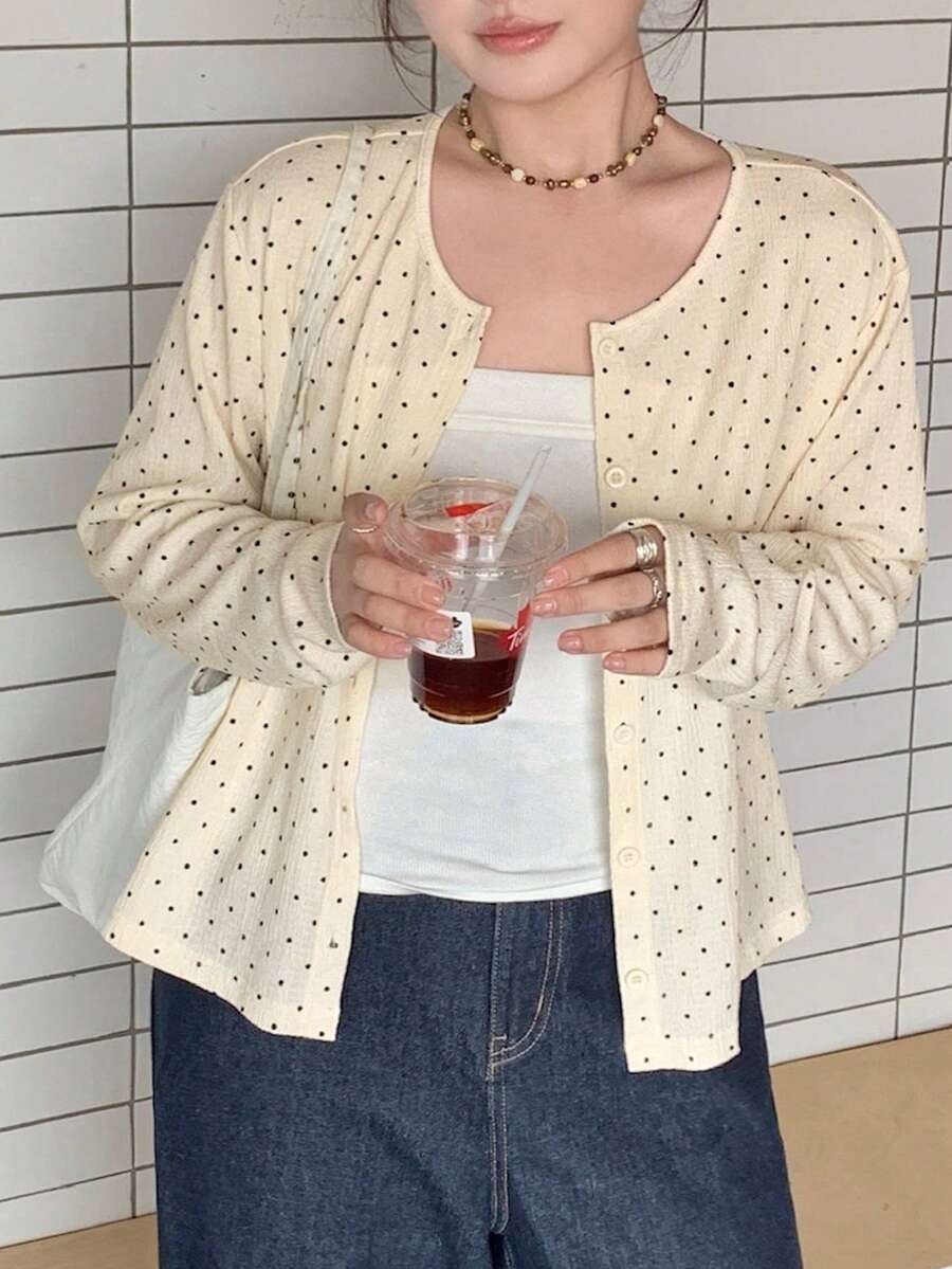 Dazy Plus 女童小圓點圓領前開鈕扣長袖休閒開襟衫,春/秋/夏 - 杏色 - 查看 1