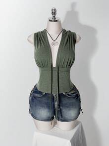 SHEIN ICON 大尺碼 Y2K 軍綠色連帽無袖收腰口袋背心，深 V 領連帽上衣 - 軍綠色 - 查看 3