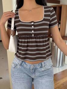 CovetEZ Brown Striped Casual Cute 90s Themed Women's Square Neck Short Sleeve Button Design T-Shirt Everyday Date Everyday Summer Travel Holiday - Brown - View 9