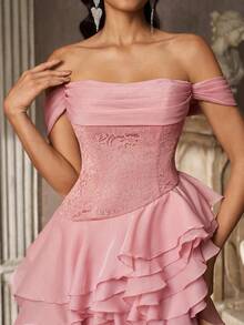 Aureia Elegant Glamorous Fashionable Dark Pink Lace Patchwork Organza Ruffle Ruched Bust Layered Ruffle A-Line Women's Formal Evening Gown - Pink - View 5