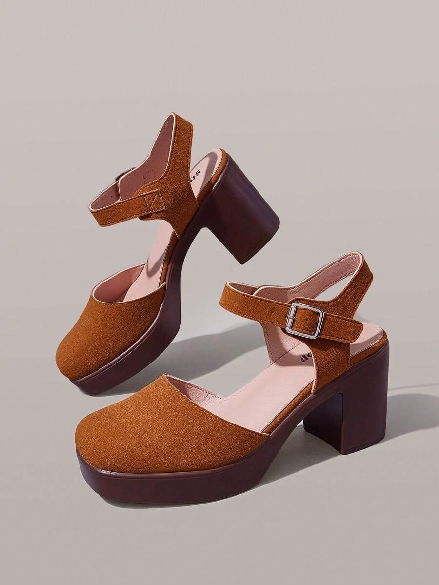Styleloop Back Strap Thick Heel Sandals Women, Round Toe High Heels, Retro Versatile Commuter Toe Guards Women's Shoes - Brown - View 1