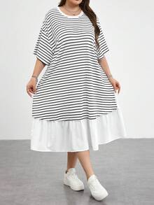 SHEIN CURVE+ 大尺碼女款夏季時尚休閒寬鬆舒適日常百搭黑白條紋拼接荷葉邊短袖中長洋裝，曲線可愛洋裝，極簡風格，歐美大尺碼荷葉邊洋裝，休閒女款旅行洋裝 - 白色 - 查看 4