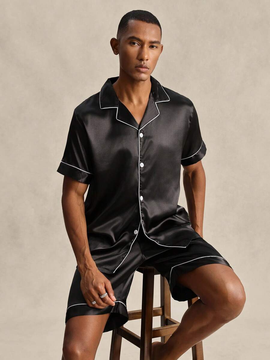 EverLounge 純黑色緞面男士家居服套裝 - 黑色 - 查看 1