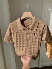 Comfortcana Women's Equestrian Embroidered Short Sleeve Button Half-Placket Knit Top - Khaki - View 1