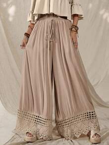 Wildy Boho Sexy Western Country Lace Patchwork Women's Spring/Summer Daily Basic Loose Wide Leg Long Pants With Pockets Beach Beige Light Blue - Khaki - View 6