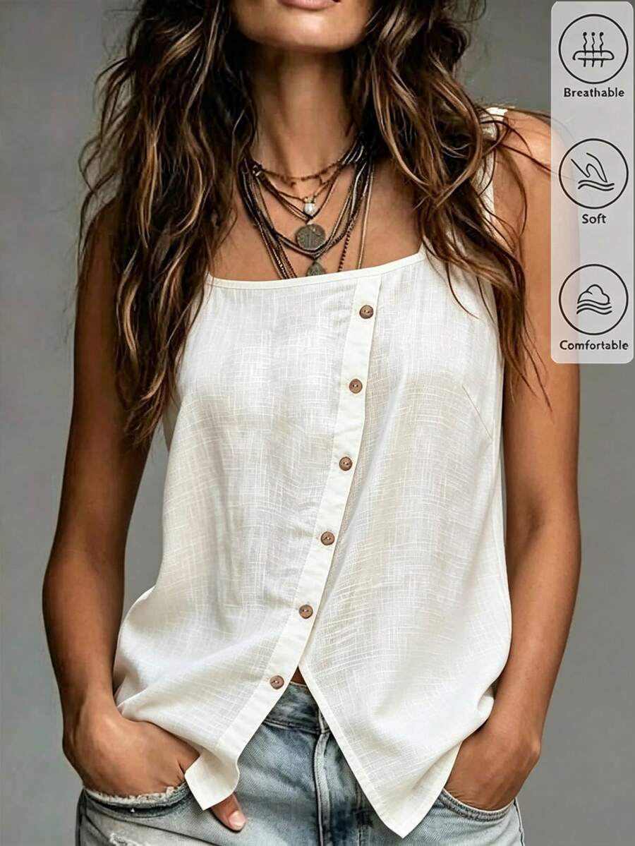 SHEIN Holidaya Women's Summer Casual Vacation White Square Neck Asymmetric Button Slit Textured Sleeveless Tank Top, Single-Breasted Asymmetrical Hem Blouse, Square Neck Asymmetric Button Tank, Slit Hem Shirt, Elegant, Fresh, Fashionable, Romantic, High-End, Urban Street Style, Daily Dating, Afternoon Tea Gathering, Vacation Travel, Romantic Party, Daily, Beach, Women's Elegant Top, Women's Summer Shirt, White Casual Shirt, Versatile, Commute, Meeting, Business Negotiation, Daily Office, Evening Party, Graduation Ceremony, Urban Teacher Professional Attire - White - View 1