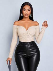 SOLERSUN Off Shoulder Ruched Crop Tee For Women, Textured Long Sleeve Slim Fit Sweetheart Neck T-Shirt - Apricot - View 5