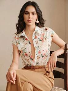 Anewsta Summer Women's Vacation Style Blouse With Floral Embroidery And Hollow-Out Fabric, Short Flutter Sleeves, Suitable For Vacations, Commuting And Daily Wear - Multicolor - View 1