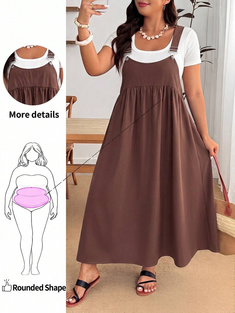 Enliva Plus Size Loose Black Strap Dress - Brown - View 1