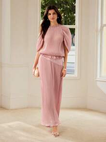 MOTF PREMIUM WOMEN'S ELEGANT PLEATED TOP AND SKIRT 2 PIECES SET - Pink - View 4