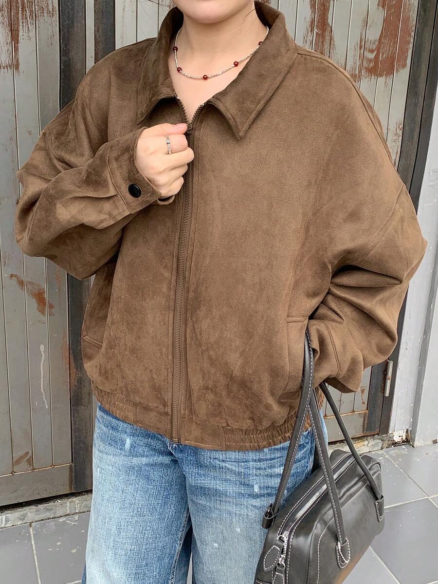 Dazy Plus Jaket Pendek Kulit Wanita Terbaru Musim Semi/Gugur dengan Tampilan Usang, Pakaian Luar Ukuran Besar Pas Reguler untuk Hari Valentine - Khaki - View 1