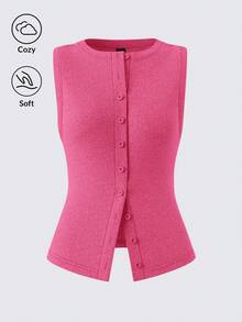 SHEIN BASICS 休閒素色針織圓領無袖修身開襟女款背心 - 玫紅色 - 查看 1