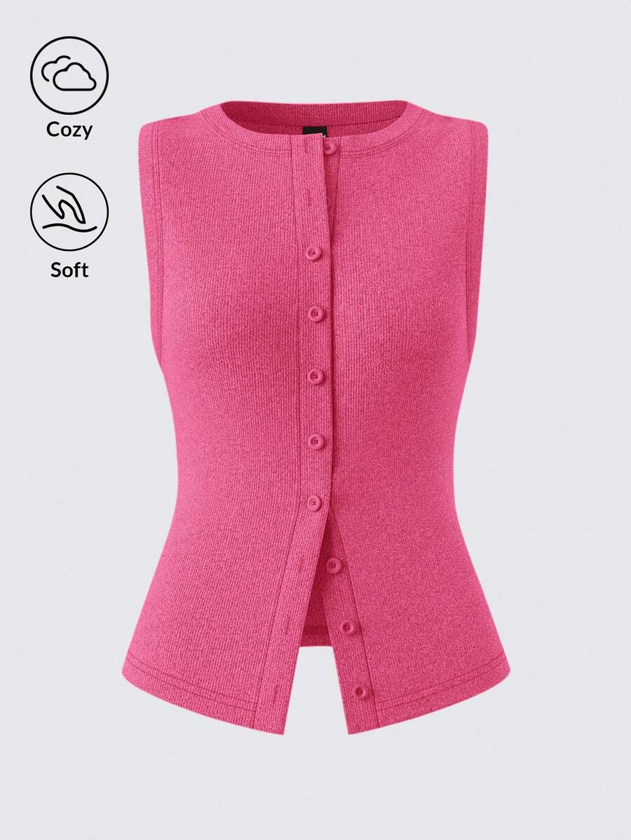 SHEIN BASICS 休閒素色針織圓領無袖修身開襟女款背心 - 玫紅色 - 查看 1
