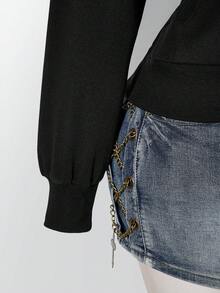 SHEIN ICON 大尺碼女款 Y2K 復古毛領拼接休閒運動外套夾克，附口袋 - 黑色 - 查看 8