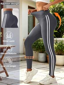 SHEIN Sports 女款側邊條紋高腰日常健身運動內搭褲 - 燧石 - 查看 5